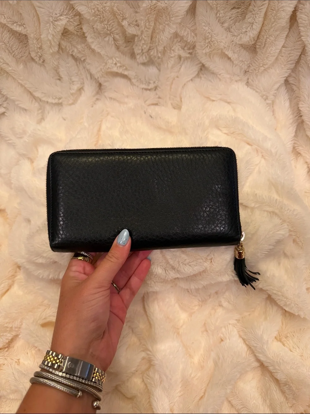 Gucci Black Embossed GG Zip Wallet with Tassel